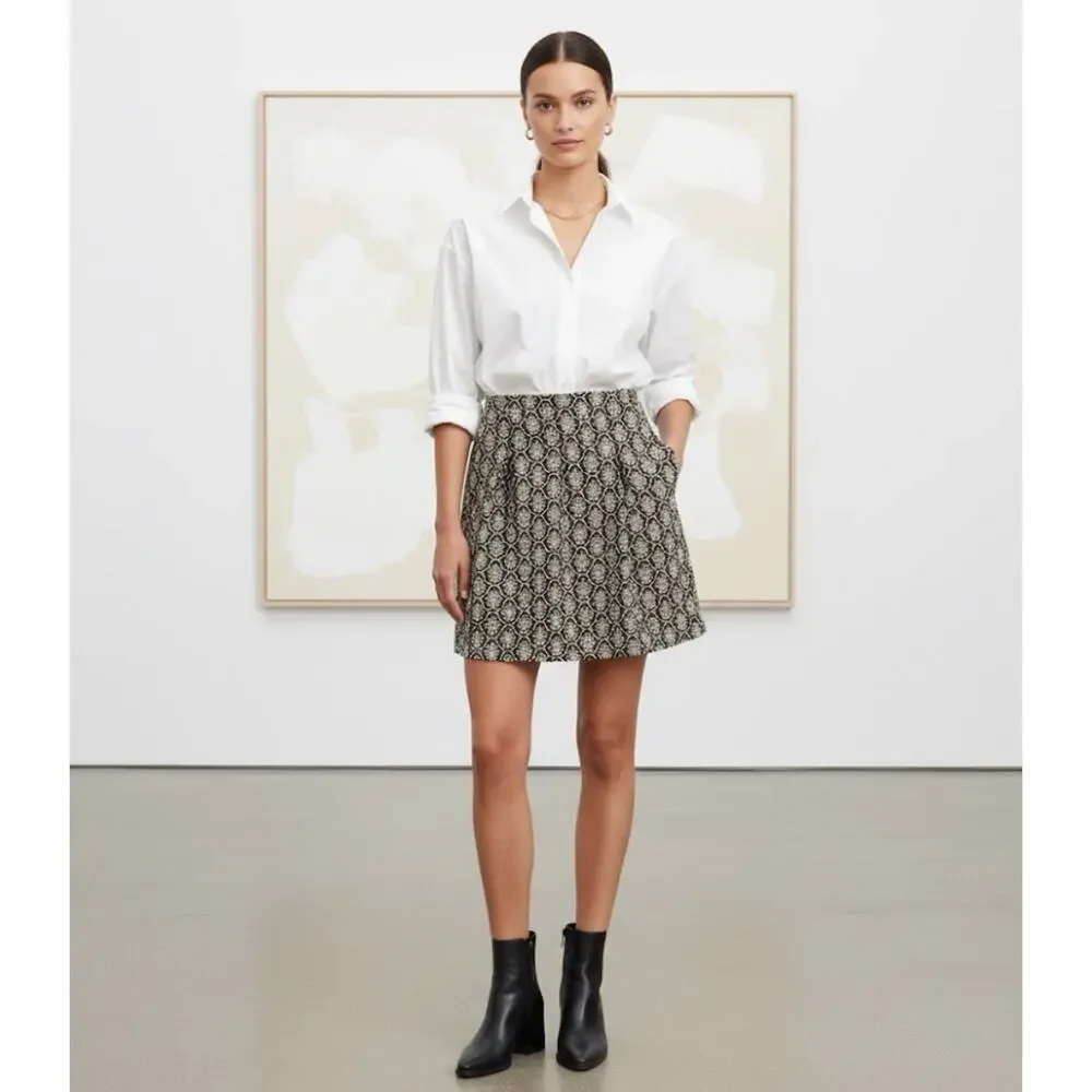 Ann Taylor LOFT Black Ivory Geometric Print Linen Blend Pleated Mini Skirt 4P